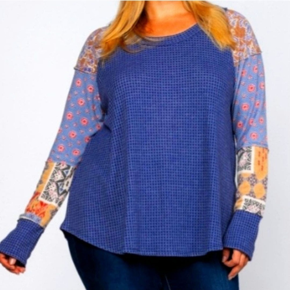 Ces Femme Patchwork Plus Size Long Sleeve Blouse Top thermal